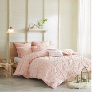 Maize 7-Piece Pink Cotton Full/Queen Cotton Jacquard Duvet Cover Set with Euro S